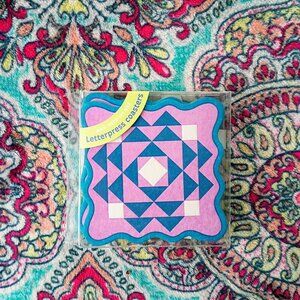 NWT And Here We Are Scalloped Letterpress Coasters